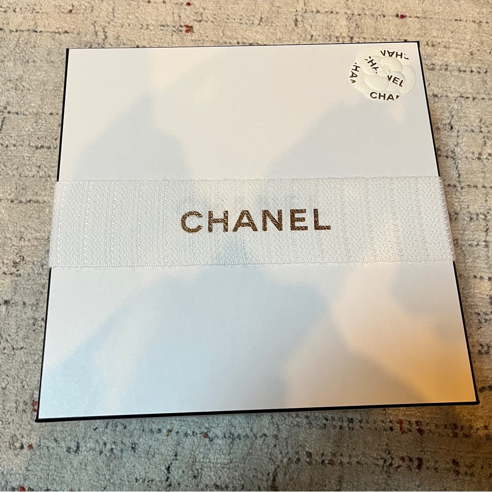 Chanel large gift box with ribbon, camellia, tissue paper, sticker